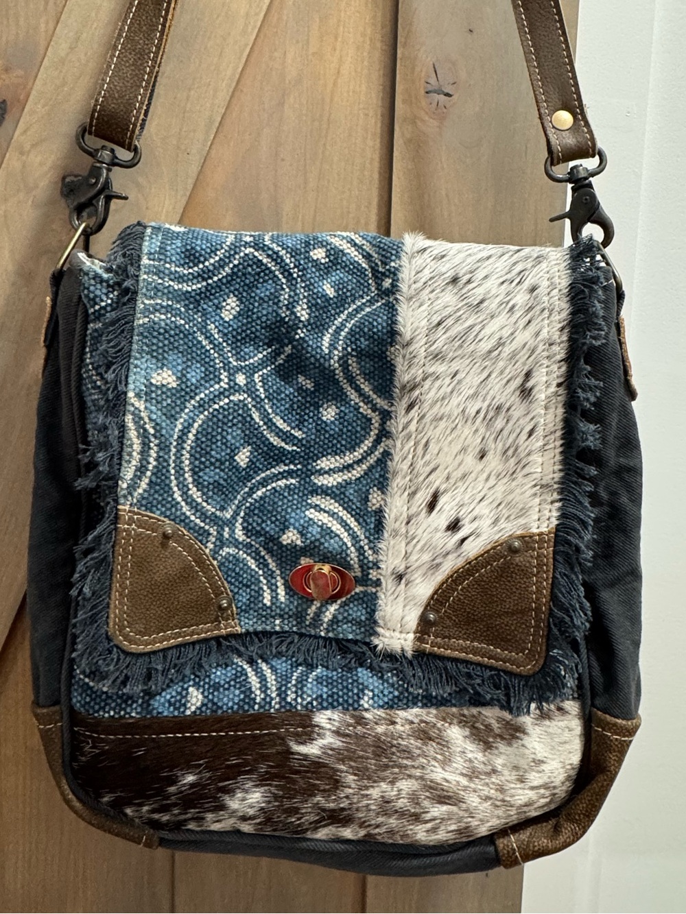 Myra Bag Blue Patterned Canvas & Brown Hair-On Hide Crossbody